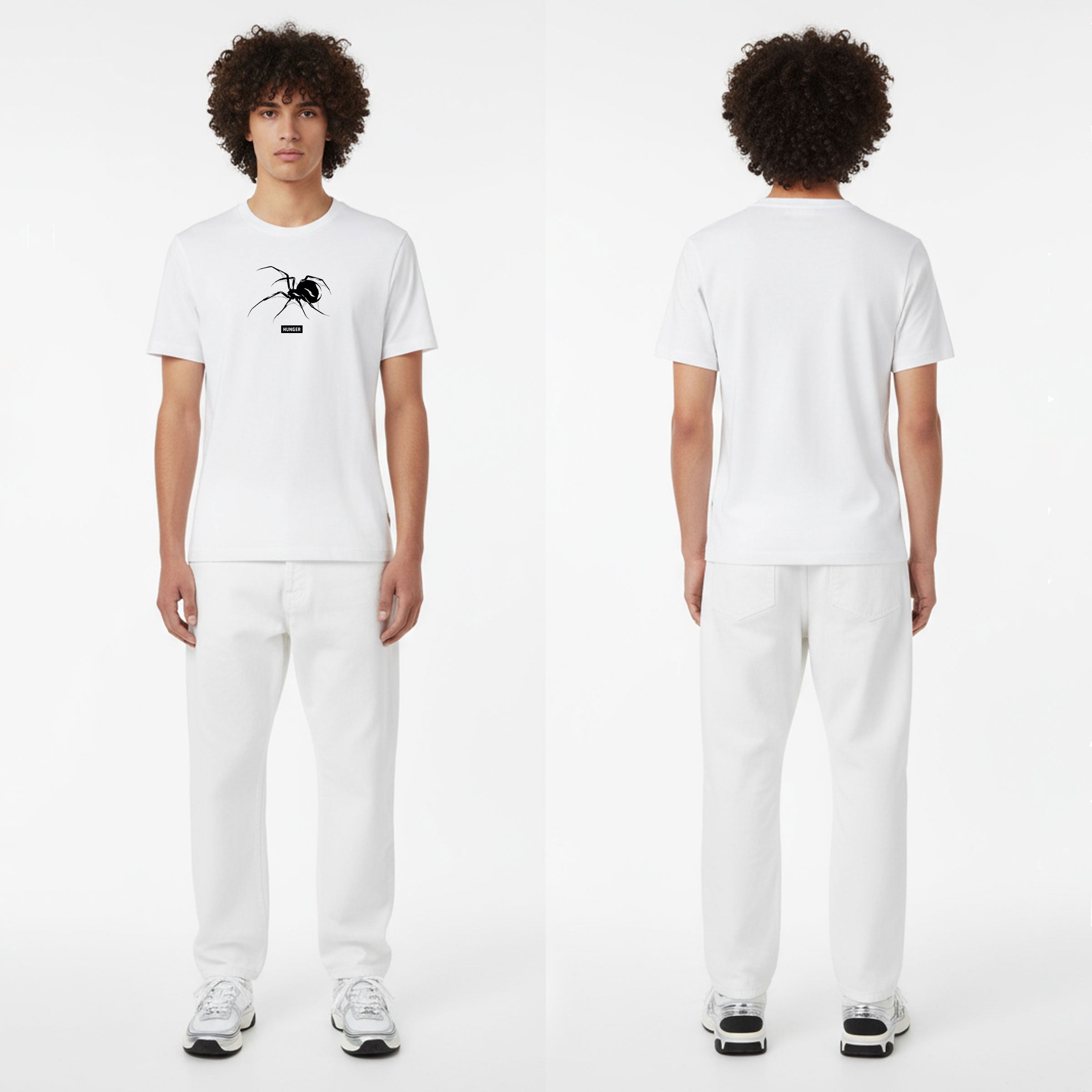White t-shirt with a black spider graphic worn by a person on a white background
